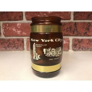 Siesta Ware Beer Mug New York City Souvenir Amber Glass Wooden Handle Landmarks